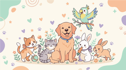 Naklejka premium Group of Cute Cartoon Pets Including Dog Cat Rabbit and Parrot Illustration