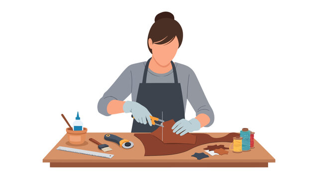 Artisan's Craft: An artisan meticulously cuts leather, engrossed in crafting with specialized tools, creating beautiful products