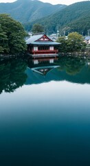 Obraz premium A serene traditional East Asian style pavilion overlooking a calm reflective lake surrounded by lush green mountains