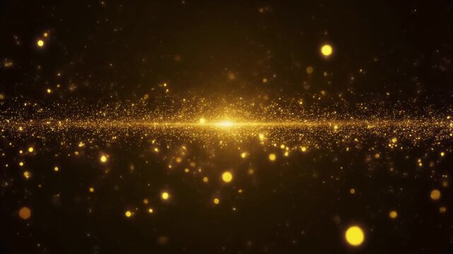 Golden shimmering particles on a black background with a bright light source in the center