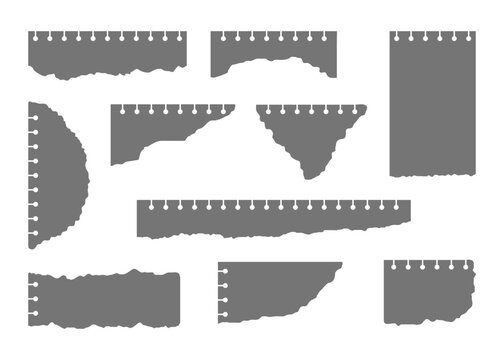 Set of torn paper sheets with spiral holes. Collection of ripped notepad page scraps, stickers and frames. Blank stationery isolated elements for writing notes or creative message. Vector illustration