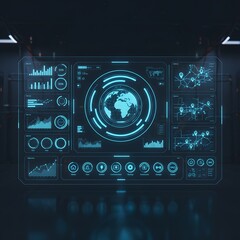 Fototapeta premium Futuristic Global Data Dashboard with Holographic Earth Map and Digital Analytics Cybersecurity Command Center Interface with Blue HUD Infographics and World Map Modern High-Tech Network Monitoring 