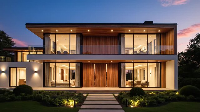 Modern twostory house at dusk