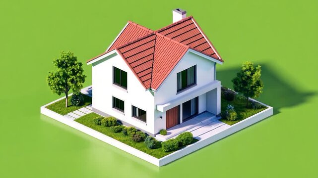 Isometric two-story home with brown roof, trees, and bushes on bright background