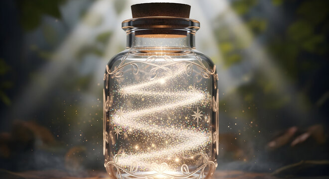 Magical elixir in a corked glass bottle with swirling light