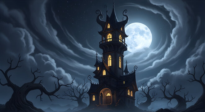 Haunted tower under a full moon with eerie clouds