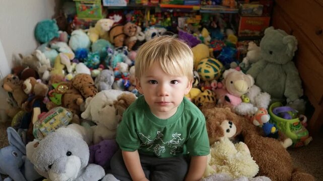 Child Amongst Toys: A young child sits surrounded by a vast collection of stuffed animals and toys, embodying the warmth of childhood amidst their beloved playthings.