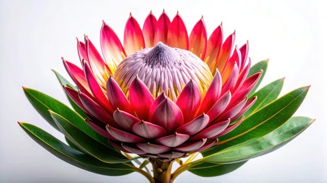 King protea flower with pink petals and green leaves against a white background