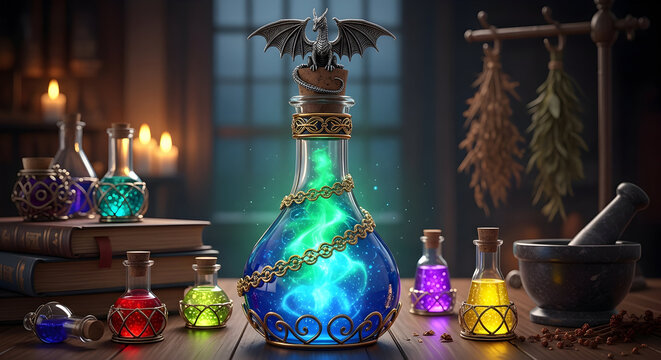 Enchanted potion bottle with dragon topper in a mystical alchemist s lab