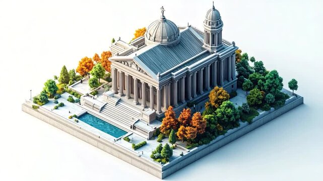 Miniature isometric building with columns, dome, trees, and swimming pool