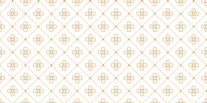 Elegant gold seamless luxury pattern with floral motifs and dotted rhombus lines on white. Perfect for premium branding.