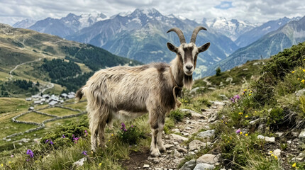 Obraz premium Goat standing on a rocky path in the swiss alps. Furry animal with a bell around its neck in the high mountains. Rural landscape with meadow, snow peaks and summer nature scenery.