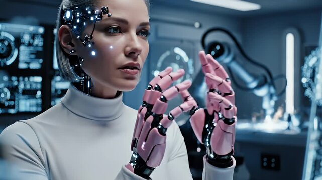 Futuristic woman with cybernetic implants and robotic arms interacts with data
