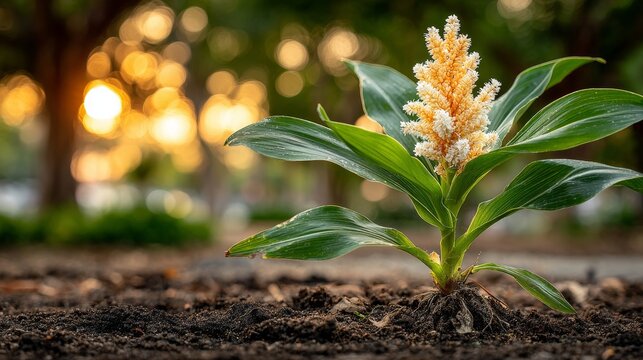 A hyperrealistic depiction of a turmeric plant with green leaves and orange rhizomes