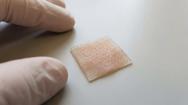 Scientist wearing glove examining artificial skin sample. Bioengineering research and lab experiment for regenerative medicine. Synthetic tissue development for medical testing innovation.