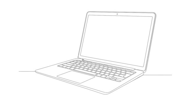 Single line drawing laptop computer with line art with white backgrou