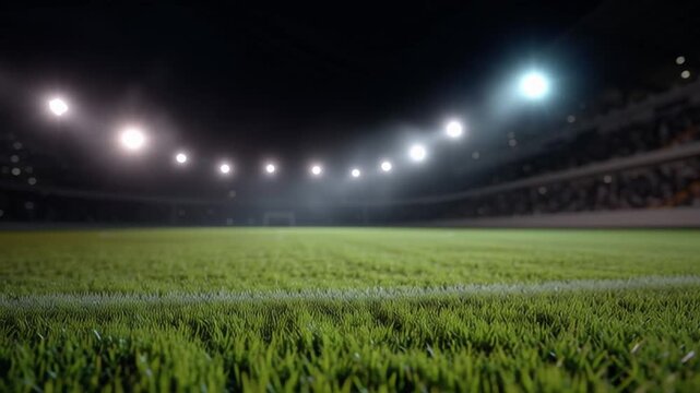 Football field at night shows well-maintained grass under bright stadium lights. The atmosphere is vibrant with anticipation for the upcoming match. Fans can be seen in the stands ready for the game.