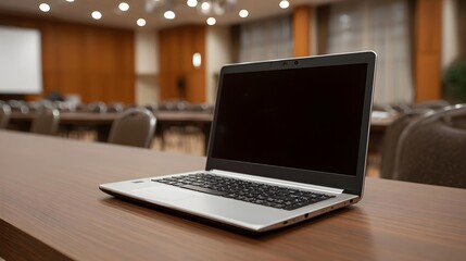 Fototapeta premium A modern laptop sits on a polished wooden table in an empty conference hall