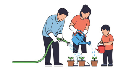 Nurturing Growth: A family cultivates a garden together, with the parent and child tending to young plants, symbolizing growth, care, and a shared passion for nature.  © azizunnahar