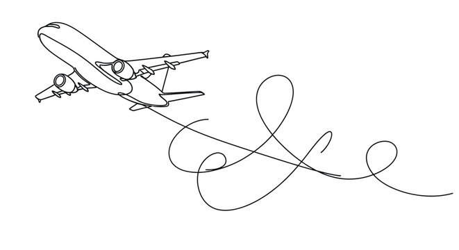 Airplane single line drawing with swirl path with line art