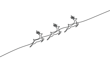 Three reindeer leaping, single line art, winter holiday theme © Line Lab