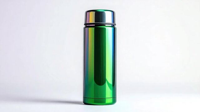 Shiny metallic green thermos bottle against a white backdrop
