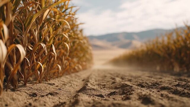 Dust rises along a dirt path between rows of dry crops in a field during the fall season. The landscape shows signs of a crisis as weather conditions impact the harvest.