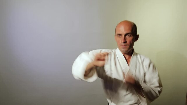 Against a light background, a young athlete performs two punches in a standing position and in motion