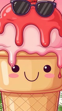 Kawaii smiling ice cream cone with strawberry and sunglasses in a threepanel triptych playful melting dessert sequence with changing expressions and a tropical pink summer vibe