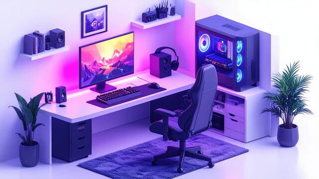 Sleek gaming setup with purple hues, desktop PC, and lush greenery