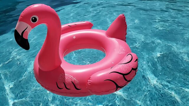 Bright pink inflatable flamingo floats on sparkling blue pool water