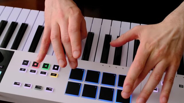 Close-up of music producer performing finger drumming on MIDI controller pads, hands tapping rhythms in real time. Electronic music production, beat making and live performance in DAW studio.