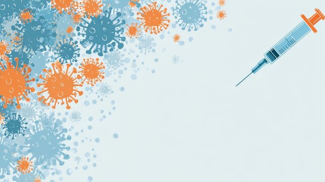 Immunization vaccination syringe virus background medical health injection protection prevention healthcare concept with blue orange flat design illustrating safety immunity disease control awareness