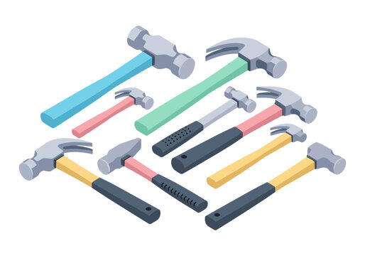 Collection of colorful isometric hammers arranged in a dynamic composition