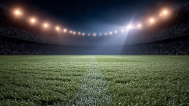 Bright stadium lights shine down on a well-maintained football field. The scene captures an empty pitch ready for the upcoming match. Grass is vibrant and clearly defined under the lights.