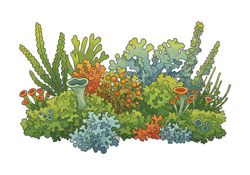 Diverse collection of colorful lichen and mosses in a natural arrangement