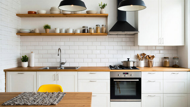 Bright White Kitchen with Black Accents, Wooden Shelving, and Subway Tile Backsplash