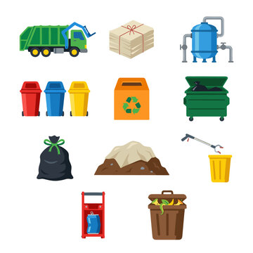 A collection of flat vector illustrations representing waste