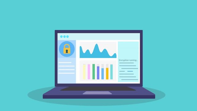Animated video of a laptop displaying a security analytics dashboard with charts and a lock icon, representing data protection, monitoring, and cybersecurity in a clean flat design style.