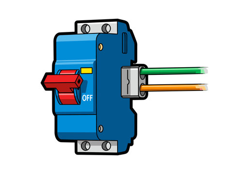 Electrical circuit breaker with red switch in off position and connected wires