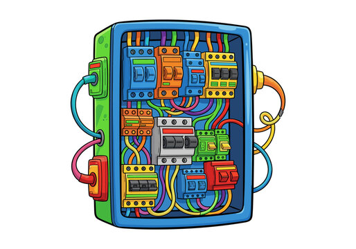 Colorful cartoon electrical panel with many circuit breakers and wires