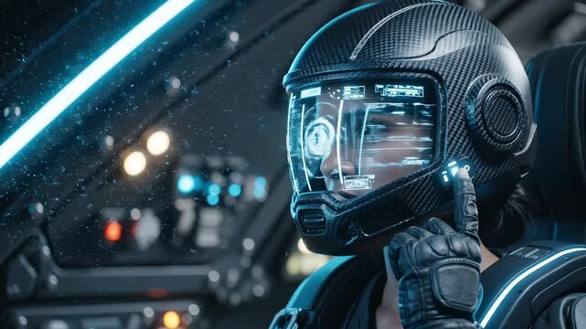Woman pilot wears futuristic helmet with holographic display in spacecraft. Female astronaut views digital interface. Pilot in helmet uses futuristic technology. Woman astronaut in cockpit.