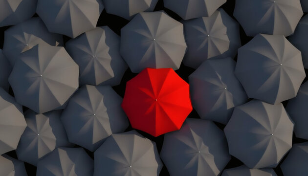 One Red Umbrella Standing Out from the Crowd