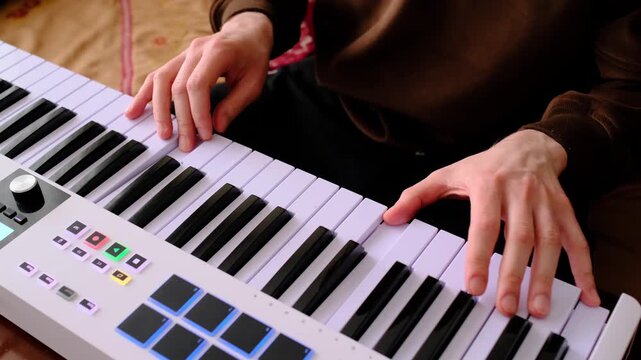 Close-up of music producer playing MIDI keyboard controller, hands performing melodies and chords in real time. Electronic music production in DAW with professional studio equipment.