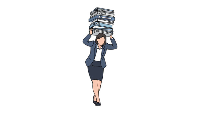 Burden of Work: A determined woman carries a towering stack of files, symbolizing the weight of workload in a dynamic business setting.
