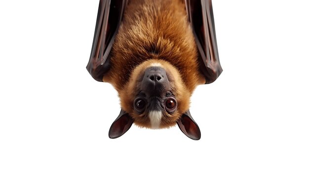 Close up of a brown bat hanging upside down with detailed features