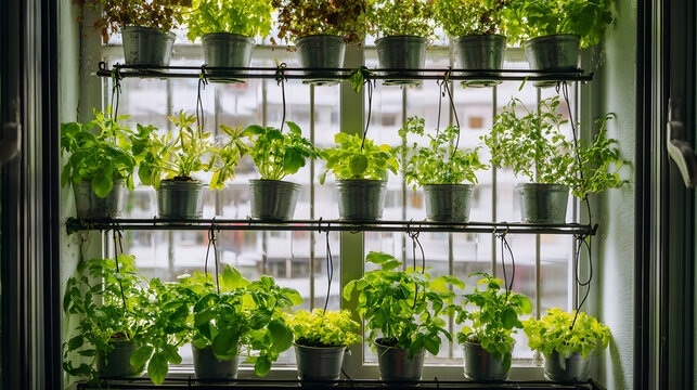 Balcony vertical garden with recycled containers herb pots hanging on rails, lush green plants and sunlight brightening apartment window