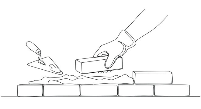 Hand laying brick, single line drawing, construction and building