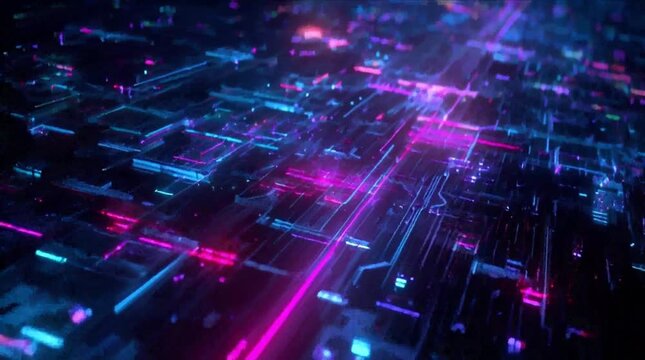 Dynamic digital circuit board with fast neon pink and blue light trails representing data flow and high-tech visual effects (AI Generated)