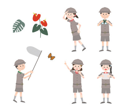 いろいろなポーズをする探検隊の子供たち